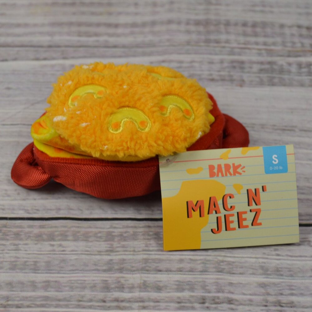 Bark Box Dog Toy Mac N' Jeez Cheese Squeaker Crinkle Small 0-20 Lbs NEW